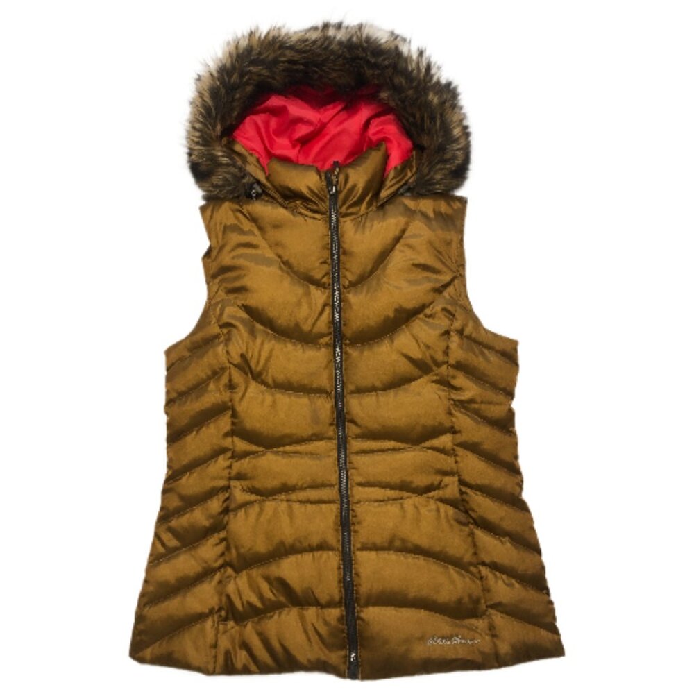Eddie Bauer Puffer Vest with Faux Fur Trim Metallic Gold Bronze Size M